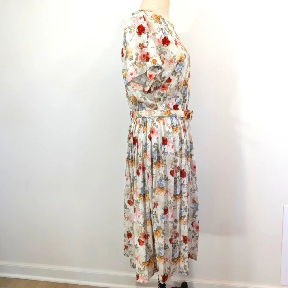 Vintage silky poly earthy floral, modest slip on day dress W matching belt. 12P